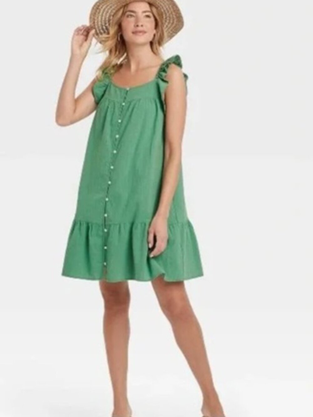 Universal Thread | Green Flutter Sleeve Button Down Tiered Dress | Size L